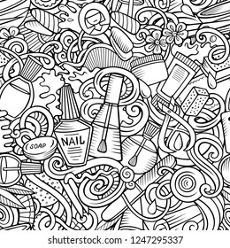 Manicure hand drawn doodles seamless pattern. Nails art background. Cartoon cosmetic fabric print design. Sketchy vector illustration. All objects are separate.