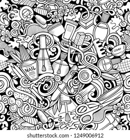 Manicure hand drawn doodles seamless pattern. Nails art background. Cartoon cosmetic fabric print design. Sketchy vector illustration. All objects are separate.