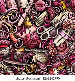 Manicure hand drawn doodles seamless pattern. Nails art background. Cartoon cosmetic fabric print design. Colorful vector illustration. All objects are separate.