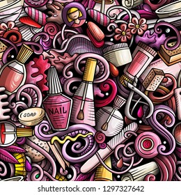 Manicure hand drawn doodles seamless pattern. Nails art background. Cartoon cosmetic fabric print design. Colorful vector illustration. All objects are separate.