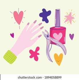 manicure hand nail polish and cuticle trimmer care cartoon vector illustration