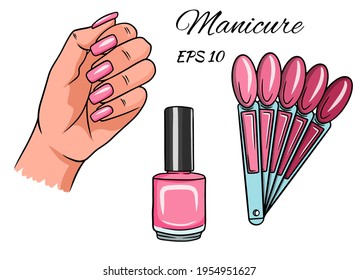 Manicure. Hand with painted nails. Varnish, Palette with pink flowers for manicure.