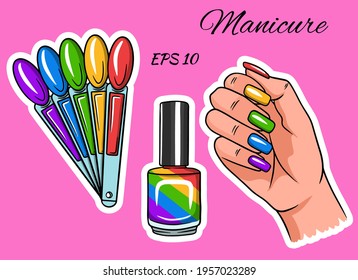 Manicure. Hand with painted nails. Varnish, Palette with pink flowers for manicure.
