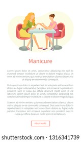 Manicure and hand treatment, nails polishing vector web poster. Manicurist and client sitting at table. Body care procedure on fingers in spa salon