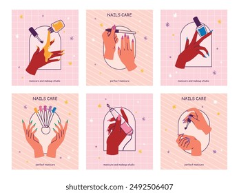 Manicure hands poster. Female manicured hand with nail brush polish file nails hygiene care tools, lady fingernail cosmetic salon service glamour cards, swanky vector illustration authors graphics