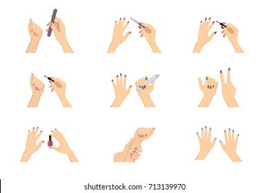 Manos de manicura. Ilustraciones de manos aplicando nailpolish, usando archivo y más.