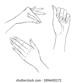 Manikure Hände. Vektorgrafik von handgezeichnet eleganten Frauen Hände in verschiedene Gesten. Konzept der Maniküre, Schönheit und Hautpflege