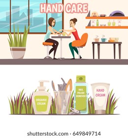 Manicure horizontal banners set with nail care symbols cartoon isolated vector illustration 