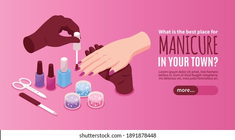 Manicure horizontal web banner with advertising of best beauty salon in town isometric vector illustration