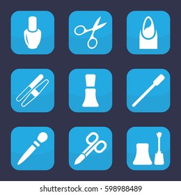 manicure icon. Set of 9 filled manicure icons such as nail polish, manicure scissors, nail file, nail