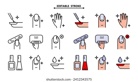 Manicure, icon set. Editable stroke. Tools for cosmetic beauty treatment for the fingernails and hands, linear icons. Nail care.