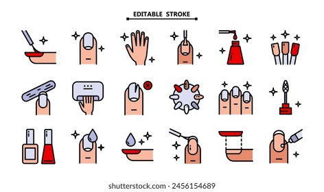 Manicure, icon set. Editable stroke. Tools for cosmetic beauty treatment for the fingernails and hands, linear icons. Nail care.