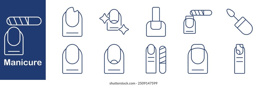 Manicure icon set. Nail polish, file, sparkle, clipper, hand, beauty, care, finger, grooming, cosmetic, treatment, art, salon, hygiene, fashion, style, self-care