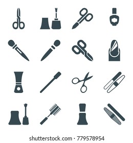 Manicure icons. set of 16 editable filled manicure icons such as manicure scissors, nailfile, nail polish, nail sawing, sawing