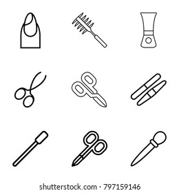 Manicure icons. set of 9 editable outline manicure icons such as manicure scissors, nailfile, nail, nail sawing, sawing