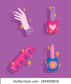conjunto de iconos de manicura, separador de dedos, esmalte de uñas y herramientas de mano diseño de dibujos animados ilustración vectorial