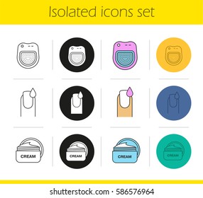 Manicure icons set. Linear, black and color styles. Spa salon manicure bath, woman's nail with polish drop, cream jar. Isolated vector illustrations