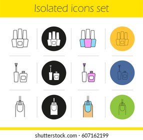 Manicure icons set. Linear, black and color styles. Nail polish bottles, nail polishing procedure. Isolated vector illustrations