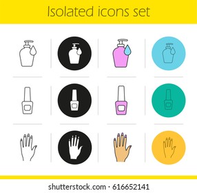 Manicure icons set. Linear, black and color styles. Woman's hand for manicure, nail polish bottle, lotion with drop. 