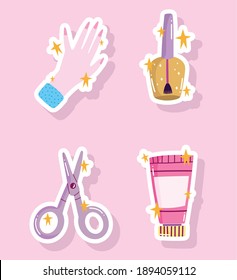 manicure icons set, nail polish hand scissors and cream tools cartoon style design vector illustration