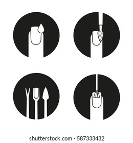 Manicure icons set. Nail polishing, cuticle pusher, trimmer and exfoliator. Fingernails with polish drop and brush. Vector white silhouettes illustrations in black circles
