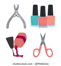 iconos de manicura set tijeras clippers y herramienta de cuidado de pulidores de uñas en ilustración vectorial estilo caricatura