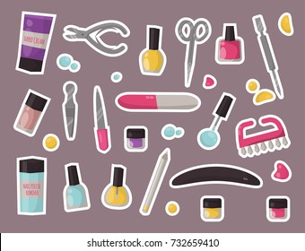 Manicure instruments hygiene hand care pedicure salon tweezers fingernail personal cosmetics equipment vector illustration.