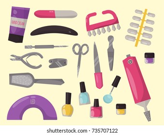 Manicure instruments hygiene hand care pedicure salon tweezers fingernail personal cosmetics equipment vector illustration.