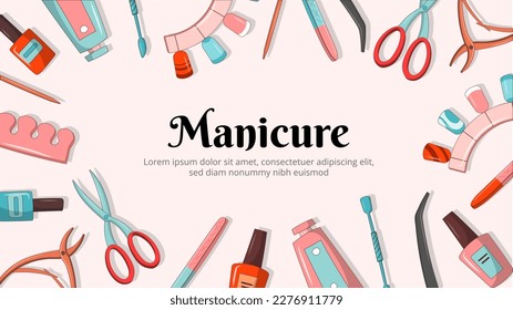 Manicure items banner. Scissors, nail file and varnish. Spa treatments and care for toenails and hands. Aesthetics and elegance. Design element for landing page. Cartoon flat vector illustration