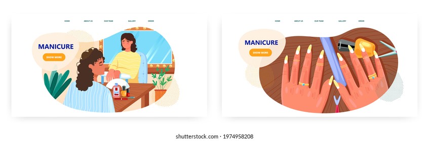 Manicure landing page design, website banner vector template set. Woman beauty salon. Manicurist service. Nail treatment
