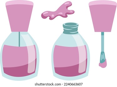 Manicure lilac purple nail polish set. Nail polish bottle and brush isolated on white background flat style