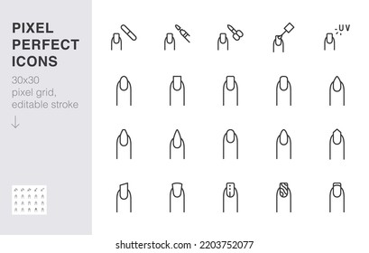 Manicure line icon set. Nail shape types - round, french, ballerina, stiletto, gel polish minimal vector illustration. Simple outline sign for beauty salon app ui 30x30 Pixel Perfect Editable Stroke