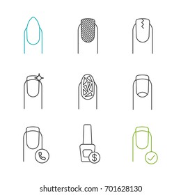 Manicure linear icons set. Almond shaped, matte, broken glass, french manicure, cracked fingernail, call to nail salon. Thin line contour symbols. Isolated vector outline illustrations