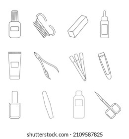 Manicure linear icons set. Nail polish, scissors, nail polish, cuticle nippers, palette, brush. Thin line isoline symbols. Isolated vector illustration