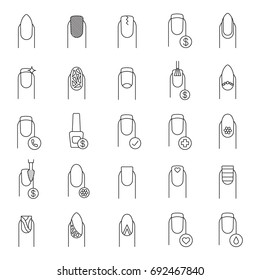 Manicure linear icons set. Nail salon service. Variety of manicure types. Thin line contour symbols. Isolated vector outline illustrations