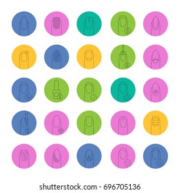 Manicure linear icons set. Nail salon service. Variety of manicure types. Thin line outline symbols on color circles. Vector illustrations