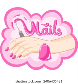 Logotipo de manicura para la imagen vectorial del salón de arte de las uñas. Mano femenina maniatada sujetando el pincel de esmalte de uñas con líquido polaco que escribe la firma de uñas en la botella de esmalte rosa en el fondo de la nube rosa