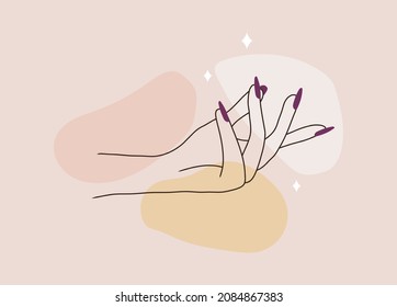 Manicure logo template for nail art studio. Modern design for beauty and spa center. Linear illustration isolated on pink watercolor background.