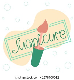 Manicure logo. Vector. Gentle colors. Brush and bottles. Inscription