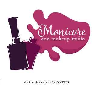 Manicure and makeup salon beauty nail and hand care isolated icon nail polish or varnish bottle and brush vector color splash pedicure, skincare fingernails and toenails spa procedures emblem or logo