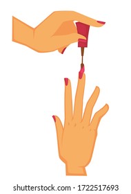 Manicure making yourself painting nails in red color. Closeup view of arm holding tassel and manicured by fingernail in red color. Hands and acrylic lacquer sign isolated on white symbol vector