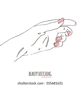 Manicure. Manicured nails. Nail Polish, Nail Lacquer, Fingernail Polish, Nail Enamel Set. Make Up, Cosmetics. Hand drawn vector illustration. Line art ink sketch. 