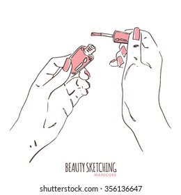 Manicure. Manicured nails. Nail Polish, Nail Lacquer, Fingernail Polish, Nail Enamel Set. Make Up, Cosmetics. Hand holding polish bottle. Hand drawn vector illustration. Line art ink sketch.