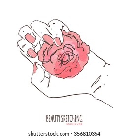 Manicure. Manicured nails. Nail Polish, Nail Lacquer, Fingernail Polish, Nail Enamel Set. Make Up, Cosmetics. Hand holding watercolor red rose. Hand drawn vector illustration. Line art ink sketch. 