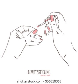 Manicure. Manicured nails. Nail Polish, Nail Lacquer, Fingernail Polish, Nail Enamel Set. Make Up, Cosmetics. Hand holding polish brush. Hand drawn vector illustration. Line art ink sketch. 