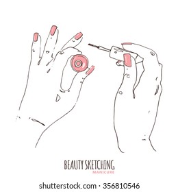 Manicure. Manicured nails. Nail Polish, Nail Lacquer, Fingernail Polish, Nail Enamel Set. Make Up, Cosmetics. Hand holding polish bottle, brush. Hand drawn vector illustration. Line art ink sketch. 