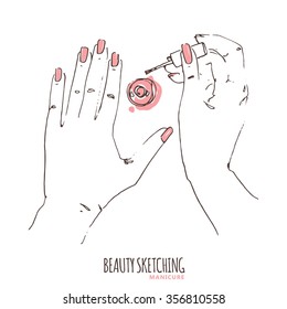 Manicure. Manicured nails. Nail Polish, Nail Lacquer, Fingernail Polish, Nail Enamel Set. Make Up, Cosmetics. Hand holding polish bottle, brush. Hand drawn vector illustration. Line art ink sketch. 