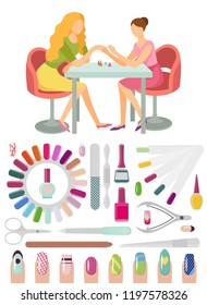 Manicure manicurist and tools nails polishing process. Set of isolated icons, file and scissors, lotions and separator toenails, essential oils vector