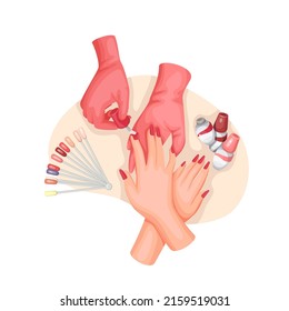 Manicure master applying red nail polish on client nails vector isolated illustration. Professional nail service colourful scene in cartoon style, isolated