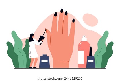 Maestro de manicura con cepillo haciendo una manicura, de pie cerca de la mano. Cuidado de uñas y estética de tratamiento de belleza. Ilustración vectorial en estilo de dibujos animados. Fondo blanco aislado